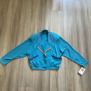 Vintage 1980s/1990s Color Block Teal Women's Blouse Blazer‎ NEW MADE IN USA
